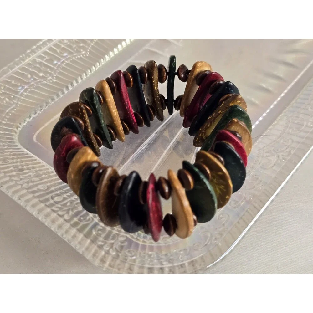 Vintage Stretch Bracelet Multicolor Shell Wood Beaded Boho Tropical Shell Tribal